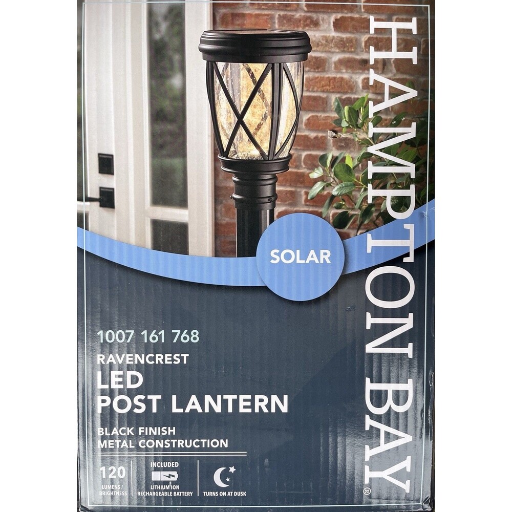 Hampton Bay Ravencrest 120 Lumens Black Outdoor Solar Post Lantern Seeded Glass